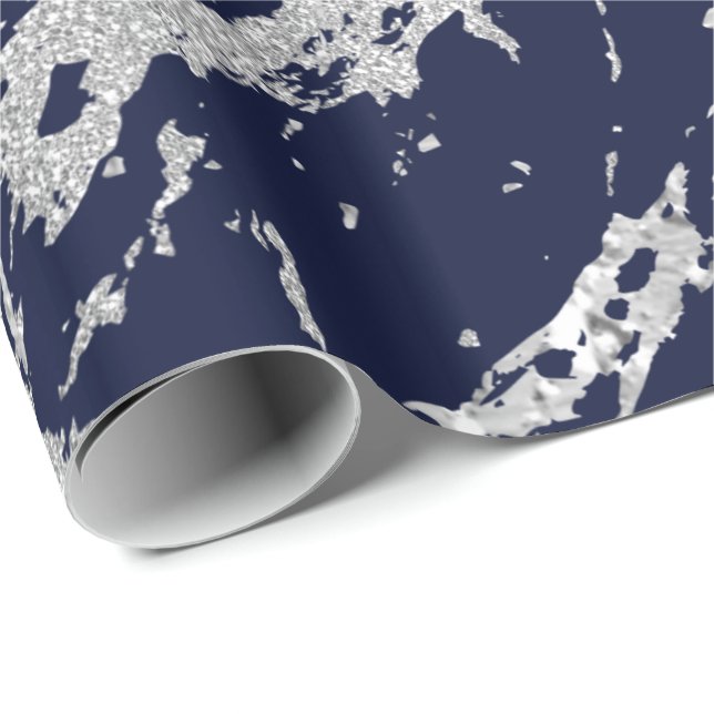 Marble Blue Navy Silver Grey Strokes Abstract VIP Wrapping Paper (Roll Corner)