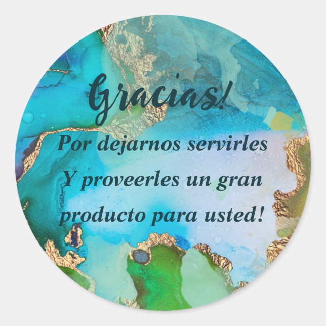 Marble Blue Purple Gold Text Thank You Spanish Classic Round Sticker (Front)