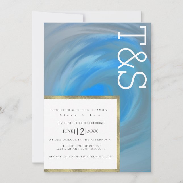 Marble Blue Wave Beach Typography Wedding Invitation (Front)