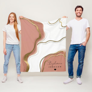Marble Blush Pink Gold Agate Personalized Monogram Fleece Blanket
