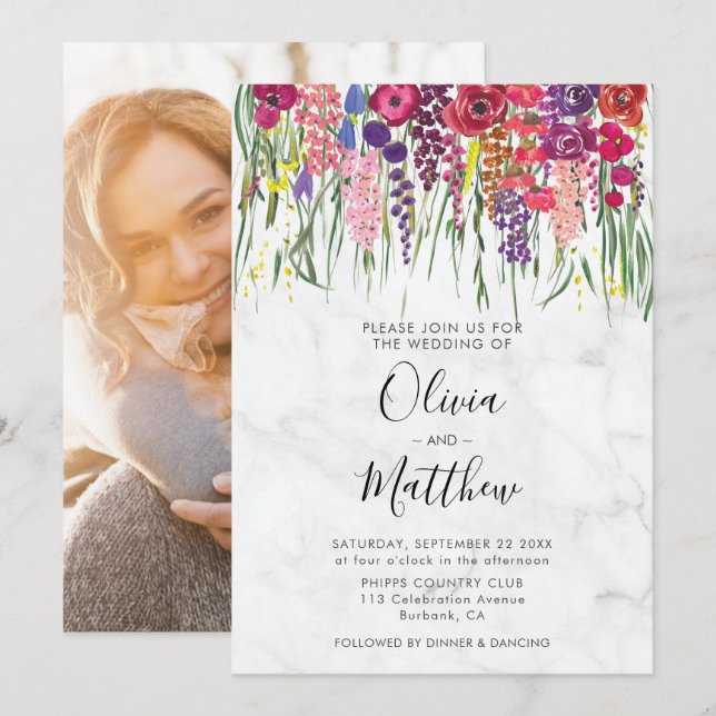 Marble Boho Acrylic Flowers Photo Wedding Invitation (Front/Back)