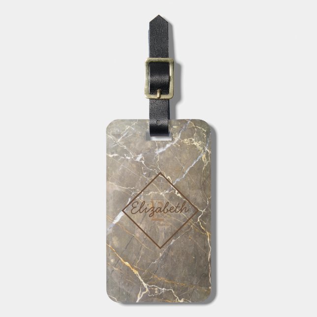 Marble Brown Stone Texture, Monogram-Personalized Luggage Tag (Front Vertical)