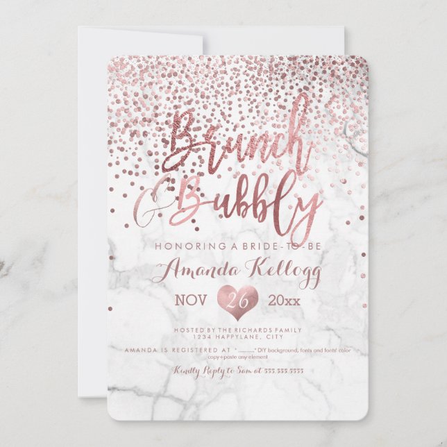 Marble Brunch N Bubbly/Faux Rose Gold Confetti Invitation (Front)