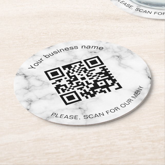 Marble business bar restaurant menu scan qr code round paper coaster (Angled)