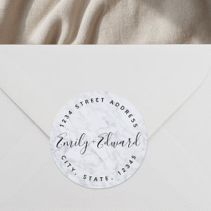 Marble Calligraphy Names Circular Wedding Address Classic Round Sticker