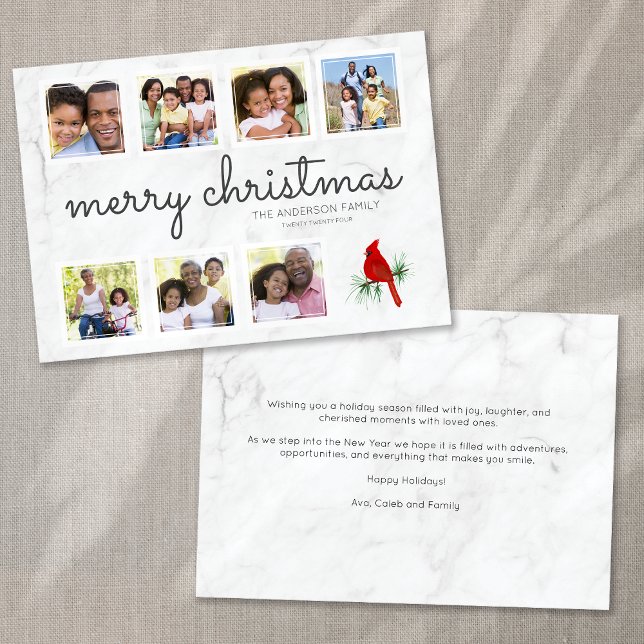 Marble Cardinal Script Photo Collage Christmas Holiday Card (Creator Uploaded)