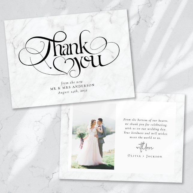 Marble Chic Calligraphy Script Photo Wedding Thank You Card (Creator Uploaded)