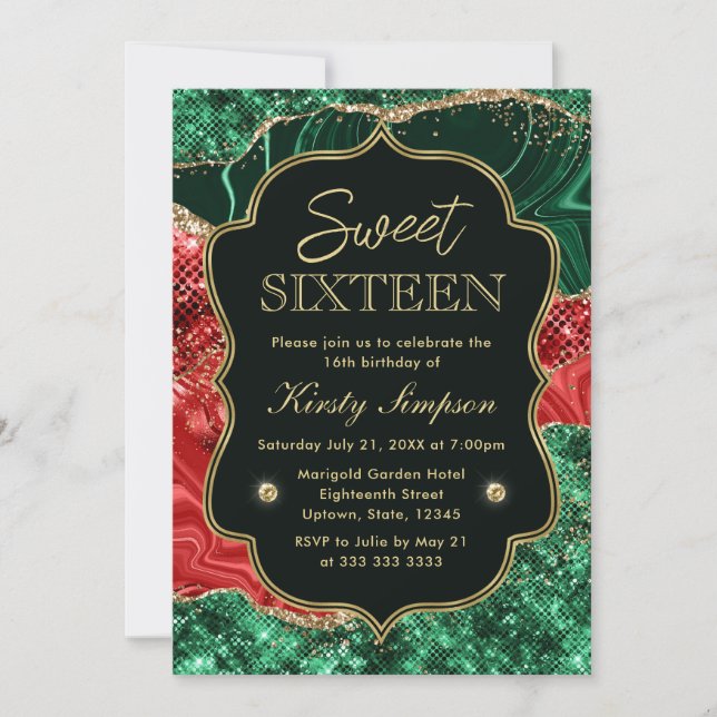 Marble Christmas Agate & Gold Glitter Sweet 16 Invitation (Front)