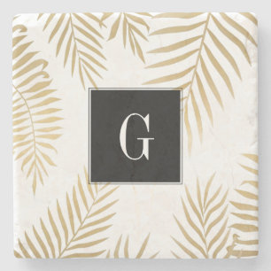Marble Coaster Gold Leaves Initial
