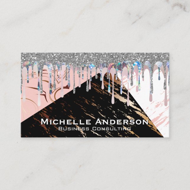 Marble Colour Blocks | Glitter Shimmer Drip Business Card (Front)