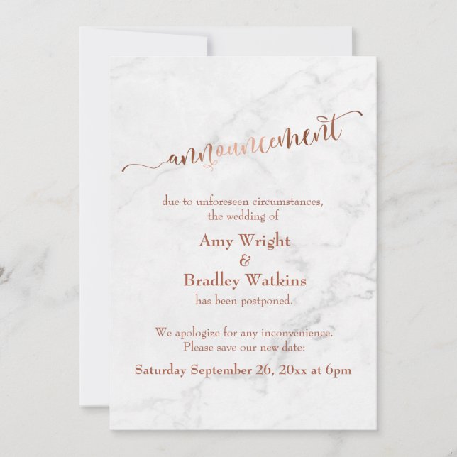 Marble Copper Postponed Wedding "Announcement" Invitation (Front)