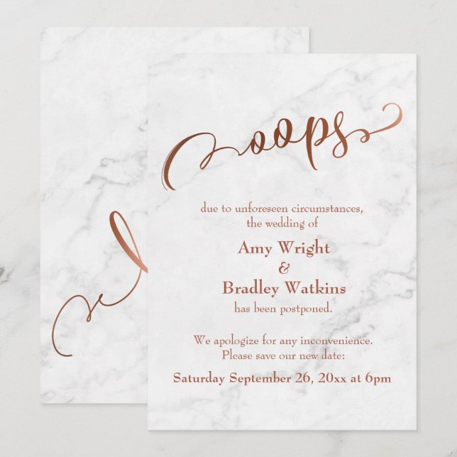 Marble Copper Postponed Wedding "Oops!" Update Invitation (Front/Back)