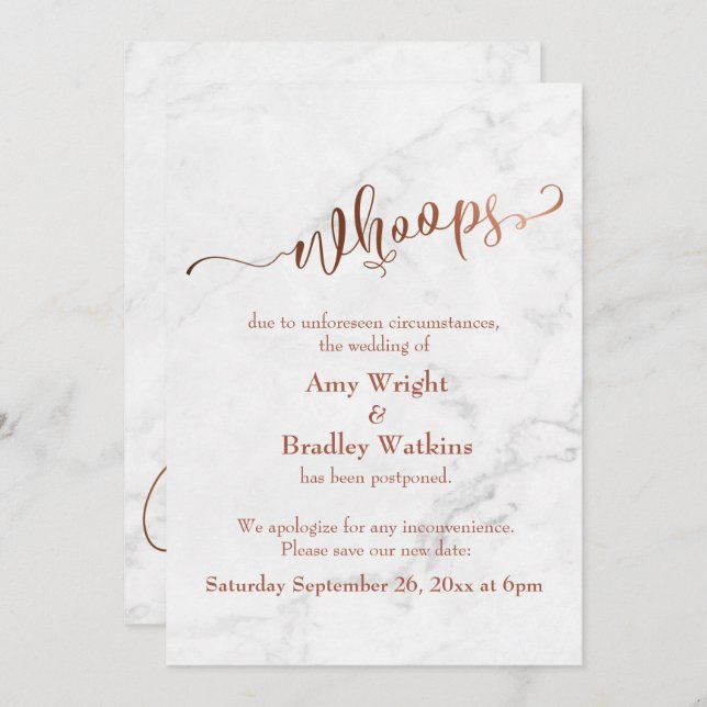 Marble Copper Postponed Wedding "Whoops!" Update Invitation (Front/Back)