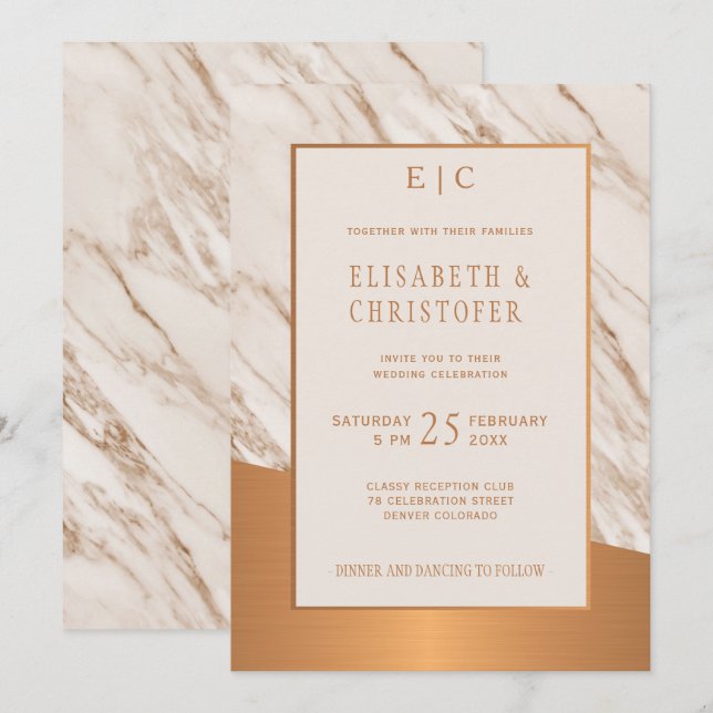 Marble copper simple elegant classy wedding invite (Front/Back)