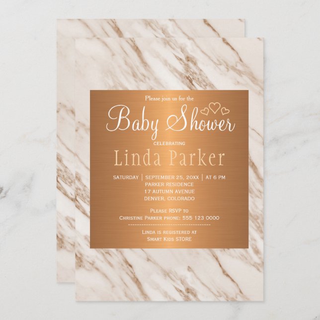 Marble copper trendy chic monogram baby shower invitation (Front/Back)