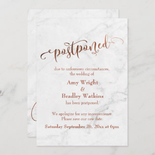 Marble Copper Typography Postponed Wedding Invitation