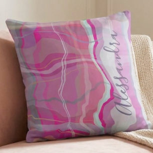 Marble Custom Name Check Plaid Pink Purple Stripes Throw Pillow