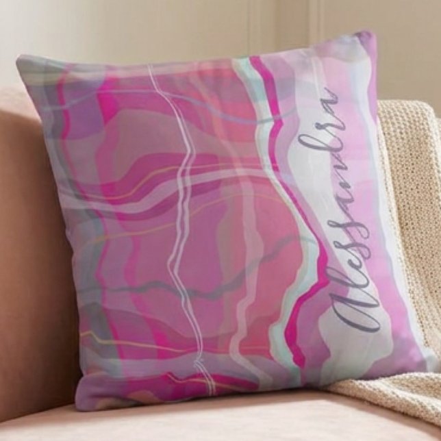 Marble Custom Name Check Plaid Pink Purple Stripes Throw Pillow (Creator Uploaded)