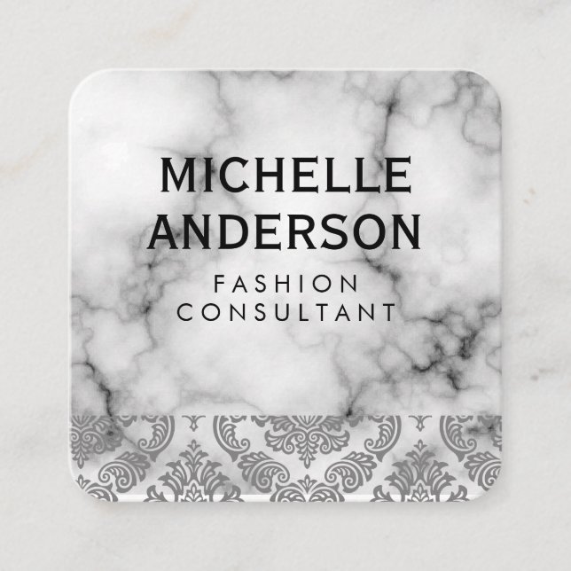 Marble Damask Pattern Square Business Card (Front)