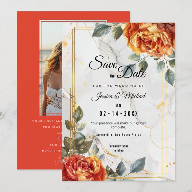 Marble Dreams: Orange Rose Elegance Collection Save The Date (Front/Back)