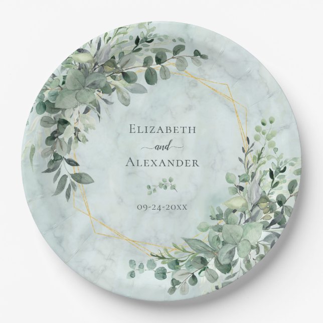 Marble Elegant Greenery Gold Geometric Wedding Paper Plate (Front)