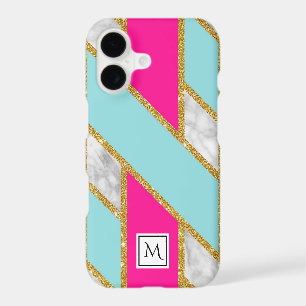 Marble FAUX Gold Gliz Pink Blue Lattice Monogram