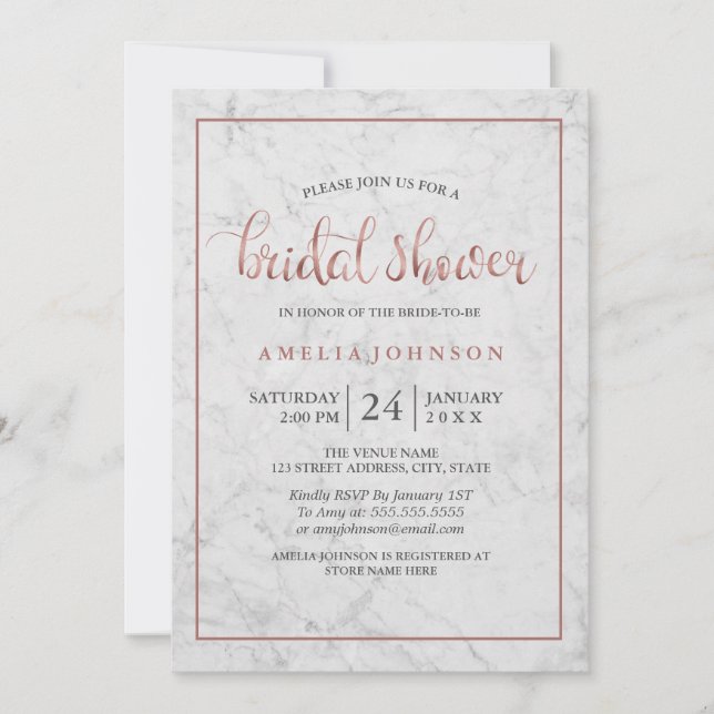 marble Faux rose gold bridal shower Invitation (Front)