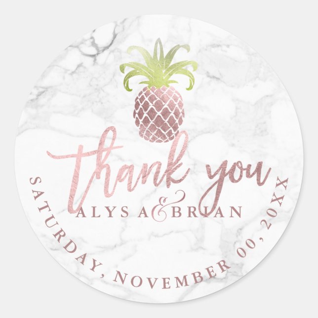 Marble/Faux Rose Gold Pineapple Thank You Classic Round Sticker (Front)