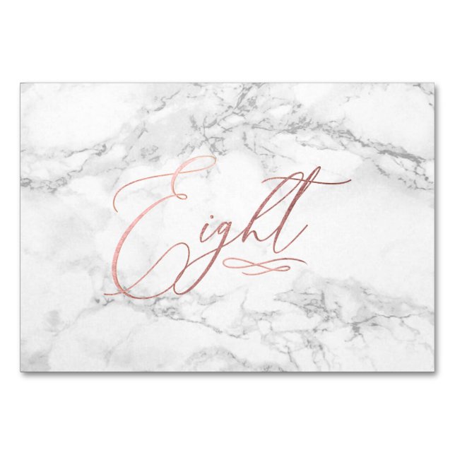 Marble Faux Rose Gold Romantic Calligraphy Eight 8 Table Number (Front)