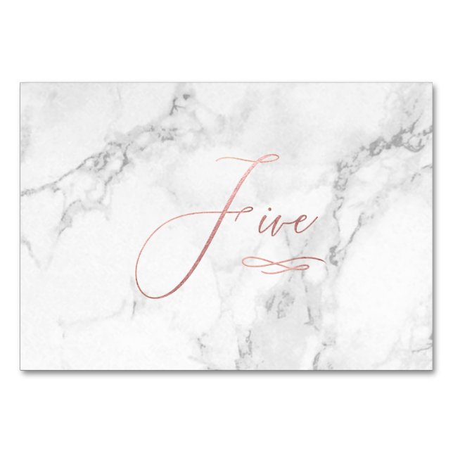 Marble Faux Rose Gold Romantic Calligraphy Five 5 Table Number (Front)