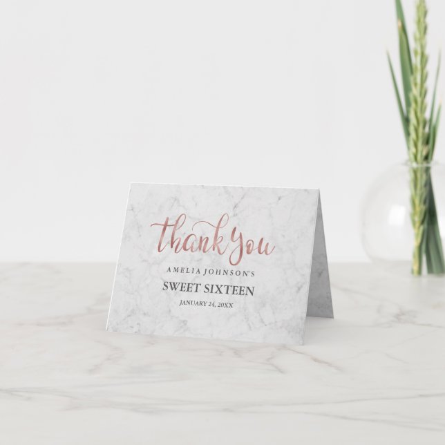 Marble Faux Rose Gold Sweet Sixteen Thank You Card (Front)
