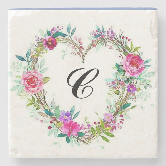 Marble floral wreath coaster with initial (Front)