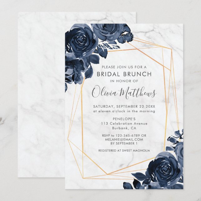 Marble Geometric Gold Blue Roses Bridal Brunch Invitation (Front/Back)