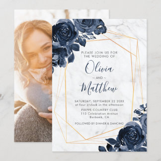 Marble Geometric Gold Blue Roses Photo Wedding Invitation