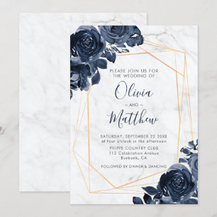 Marble Geometric Gold Blue Roses Wedding Invitation