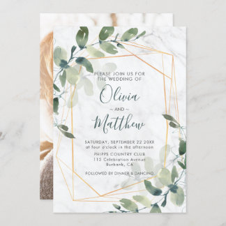 Marble Geometric Gold Eucalyptus Photo Wedding Invitation