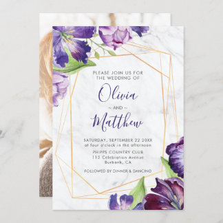 Marble Geometric Gold Purple Tulips Photo Wedding Invitation