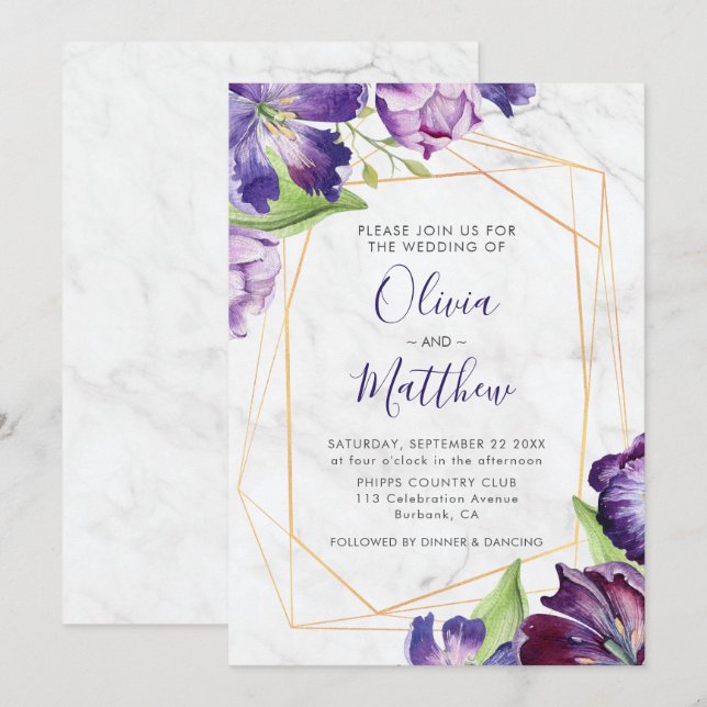 Marble Geometric Gold Purple Tulips Wedding Invitation (Front/Back)