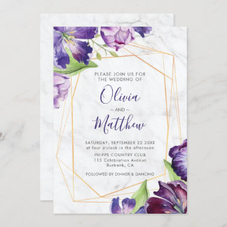 Marble Geometric Gold Purple Tulips Wedding Invitation