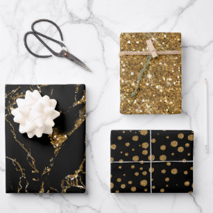 Marble Glitter Polka Dots Black/Gold Wrapping Paper Sheet