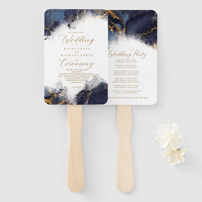 Marble Glitter Wedding Program Navy Bl Gold ID644 Hand Fan (Front and Back)