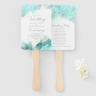 Marble Glitter Wedding Program Teal Silver ID644 Hand Fan