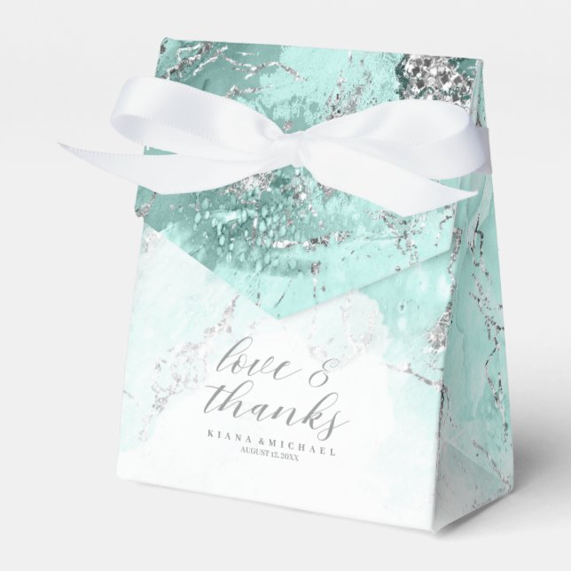 Marble Glitter Wedding Teal Silver ID644 Favor Box (Front Side)