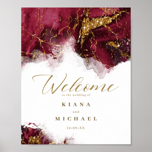 Marble Glitter Wedding Welcome Burgundy Gold ID644 Poster (Front)