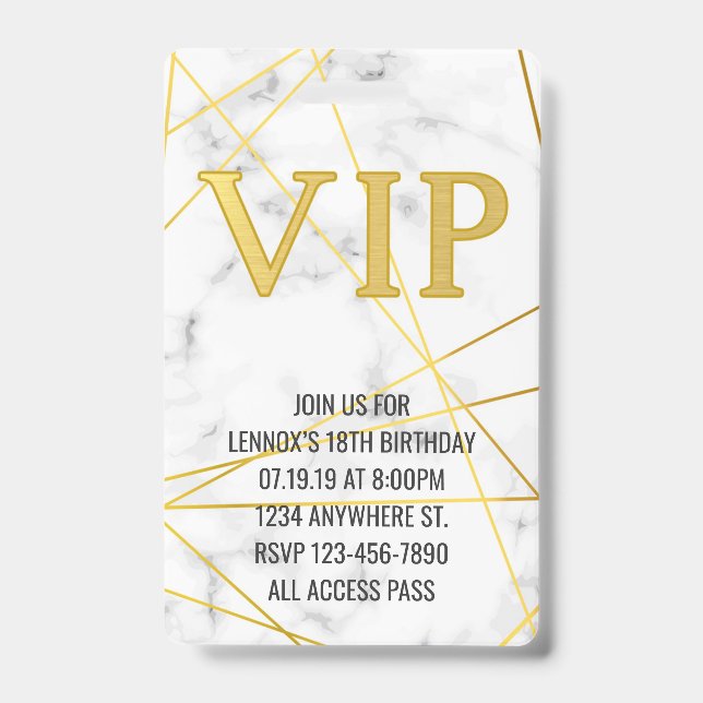 Marble Gold Birthday VIP Pass Badge Invitation (Front)