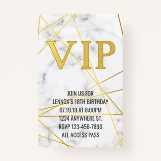 Marble Gold Birthday VIP Pass Badge Invitation