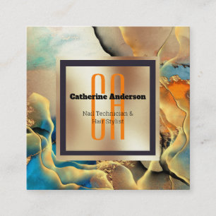 Marble gold blue orange ink smoke monogram square square business card