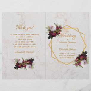 Marble Gold Burgundy White Peonies Wedding Program