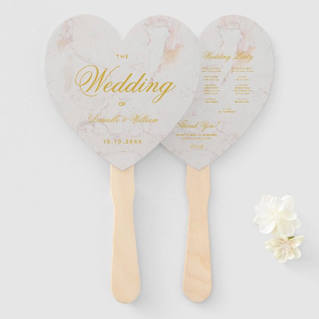 Marble Gold Calligraphy Heart Wedding Program Hand Fan (Front and Back)