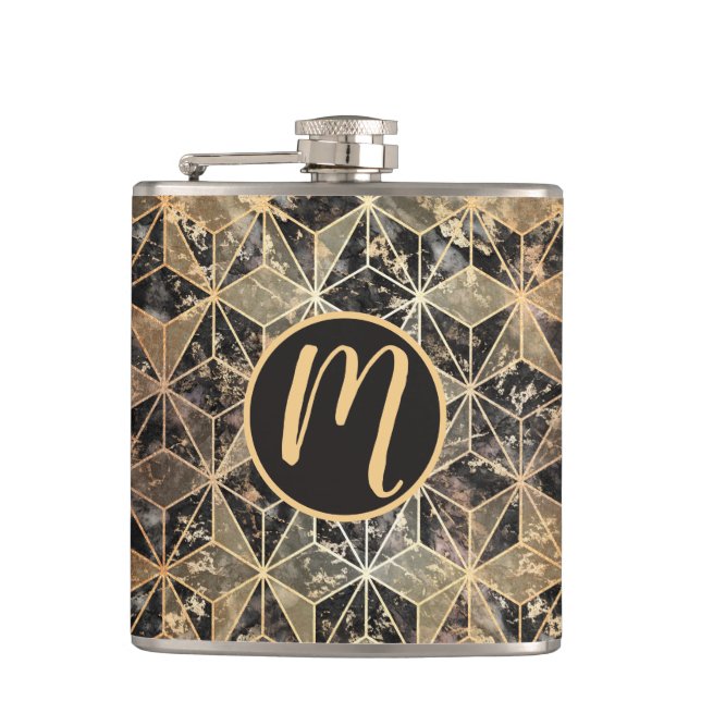 Marble & Gold Geometric Pattern Hip Flask (Front)